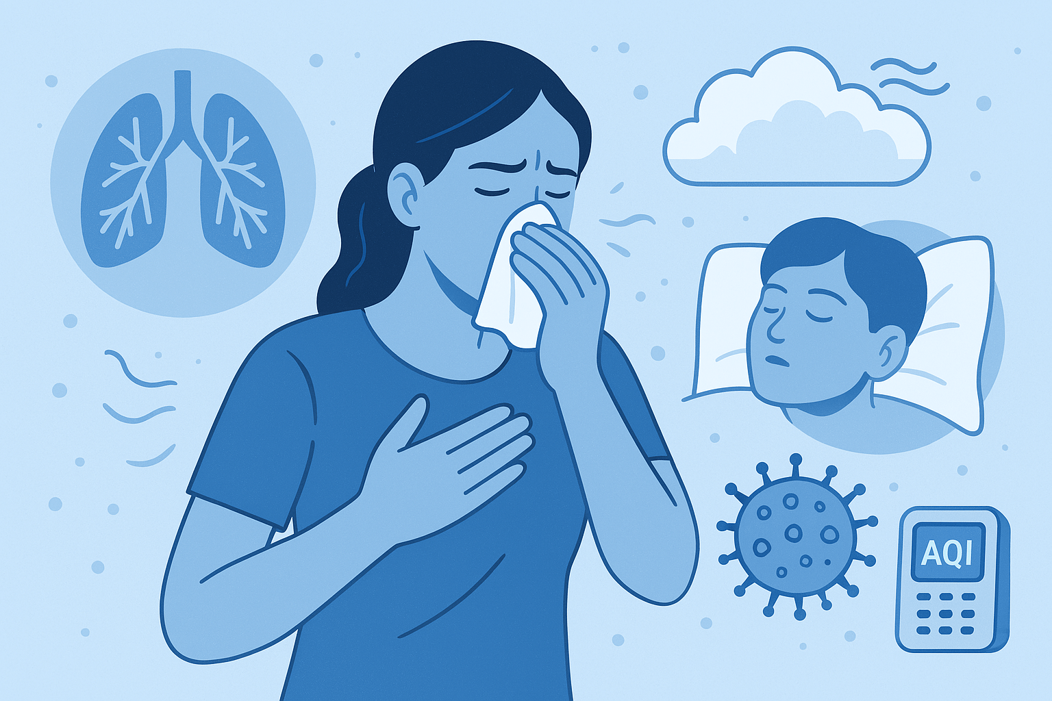 Ilustração de mulher com sintomas respiratórios, pulmões, vírus e medidor de qualidade do ar