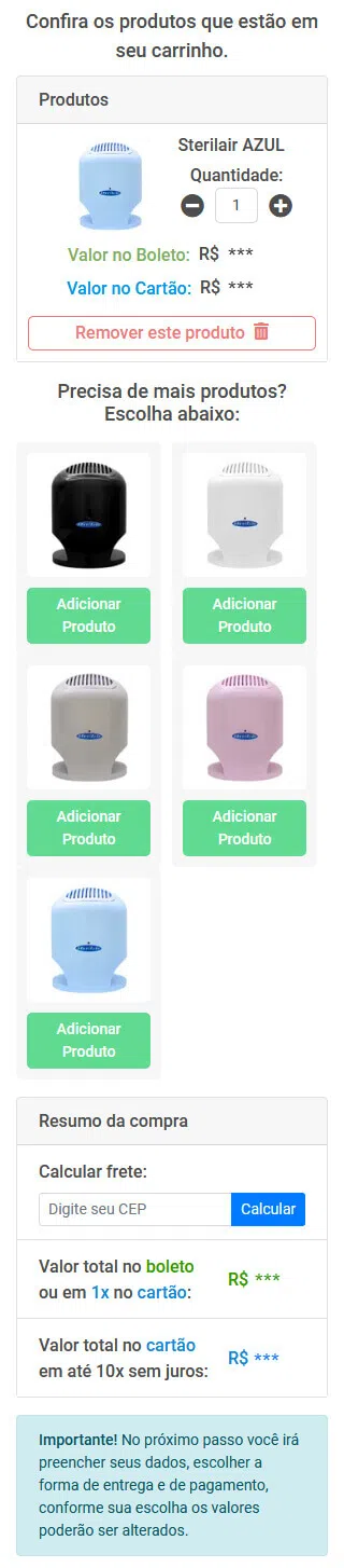 Como Comprar: Resumo do pedido Sterilair